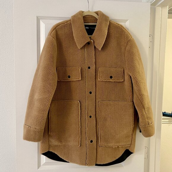 Zara Shearling Tan Brown Neautral Overshirt Shirt Jacket Shacket - Picture 1 of 4